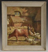 Early 20th Century English School, An Impression, Farmyard with Cow and Geese,