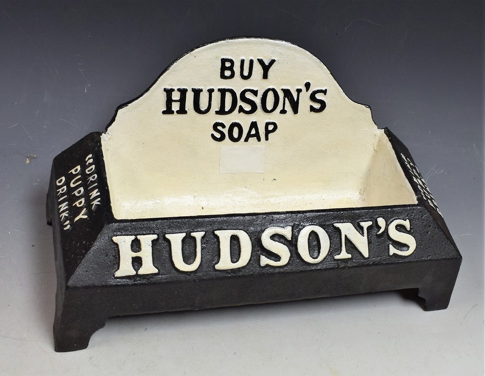 Advertising - a reproduction cast metal Hudson's Soap dogs water bowl,