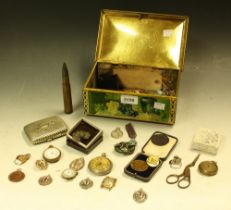 A collection of silver and base metal shooting fobs, pocket watches, bijouterie,