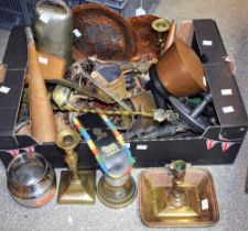 Metalware - Victorian brass candlesticks; a pewter chamber stick; cow bells; a copper teapot;