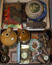 Boxes and Objects - a brass barrel spigot, Bass; another, M & B; a pair of gas lights,