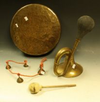 Boxes and Objects - a brass gong; a brass car horn with rubber bulb;
