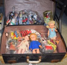 Dolls - 1960's dolls and costume dolls contained in vintage suitcase