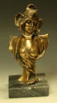 Henri Jacobs, after, a bronze coloured Art Nouveau style Bust of a Maiden, veined marble base,