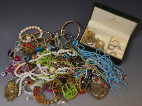 A quantity of costume jewellery, including bead necklaces, white metal chains, bracelets,