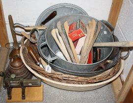 A galvanized steel two handled washing tub; another with cover; a collar crimper;