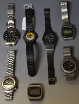 A collection of gentlemen's black faced wristwatches, including Sekonda, Pulsar Quartz,