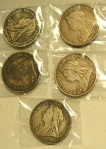 Coins - five Victorian silver crowns 1900