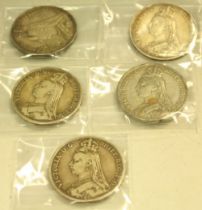 Coins - five Victorian silver crowns 1889