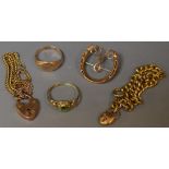 A 9ct rose gold horseshoe brooch; a 9ct gold ring; a 9ct gold chain; etc; 15.