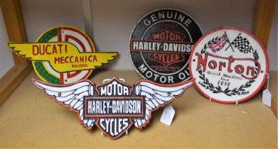 A reproduction cast metal advertising sign, Harley Davidson; another, similar; others,