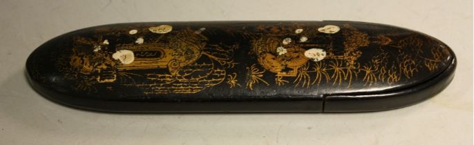 A Victorian papier-mâché black lacquer spectacles case,