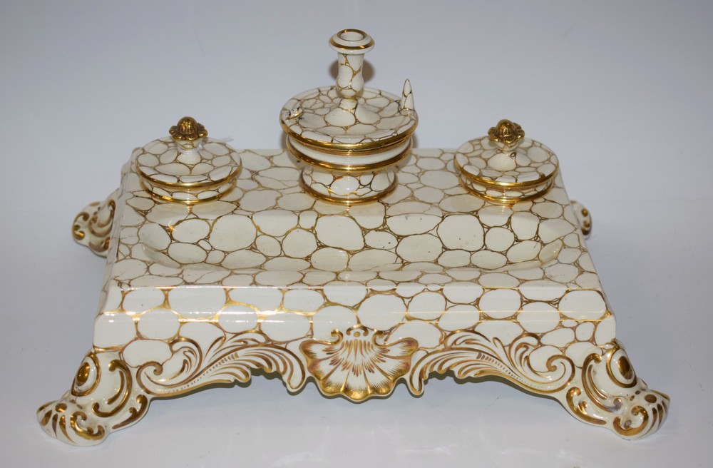 A Georgian pearlware and gilt inkstand,