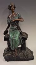 Gitana, after, a reproduction bronze figure, seated Art Deco style girl, holding a tambourine,