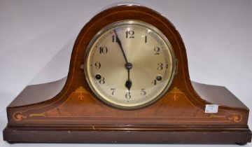 A mahogany inlaid Napoleon chiming mantel clock, silvered dial, Arabic numerals,