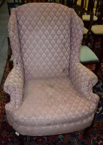 A George III design wingback reception armchair, scroll arm,