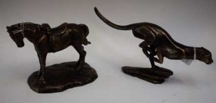 A reproduction cast metal figure, as a horse; another, similar,