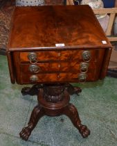 A Regency Revival mahogany work table, near-square top with fall leaves above three drawers,