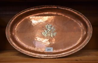 An Art and Crafts planished oval tray, stamped HW, Hugh Wallace, 43.