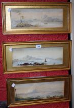 Continental School A set of three, Lake Scenes, Oriental Boats before mountains unsigned,