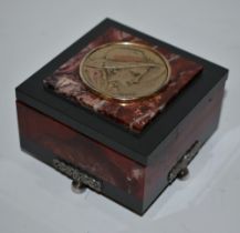 An Art Deco style French rouge marble and agate square box and cover,