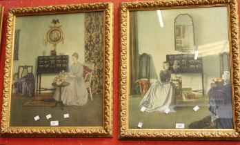 A pair of framed prints, drawing room scenes, gilt gesso frames,