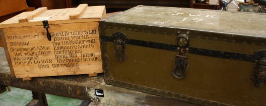 A green munitions type trunk; a wooden shot cartridge crate, Millard Brothers Diana Works,