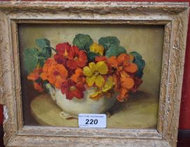 B Leech (20th century) Nasturtiums in a bowl signed, oil, 14.5cm x 18.