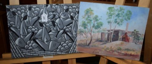 R King (Aboriginal/Australian) Shack and Trees signed, oil on board, 30.5cm x 37.