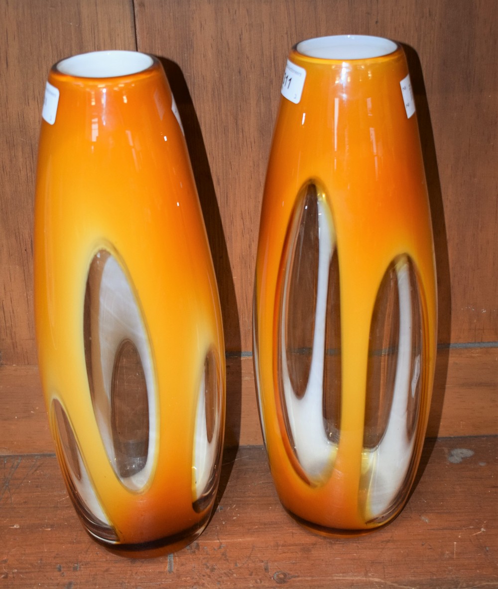 A pair of mid 20th century slender ovoid glass vases, Italian style,