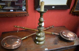 A Victorian copper bed warming pan with chased decoration of a fanciful bird; another similar;