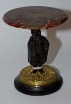 A parcel-gilt and dark patinated bronze and agate figural miniature table, circular top,