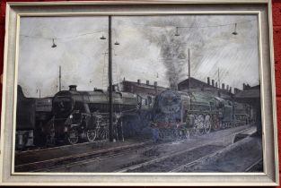 E Taylor Locos at Willesden signed, oil on board,