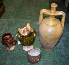 Ceramics - a Middle Eastern style twin handled earthenware vessel; a studio pottery crown top vase;