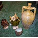 Ceramics - a Middle Eastern style twin handled earthenware vessel; a studio pottery crown top vase;