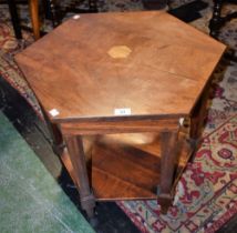 A 20th century hardwood occasional table, hexagonal top above a conforming undertier,