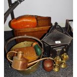 Boxes and objects - a brass jam pan; two candlesticks; a coper watering can;