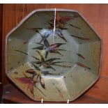 A large salt glazed stoneware octagonal bowl, possibly by Dan Aubeid,