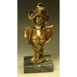 Henri Jacobs, after, a bronze coloured Art Nouveau style Bust of a Maiden, veined marble base,