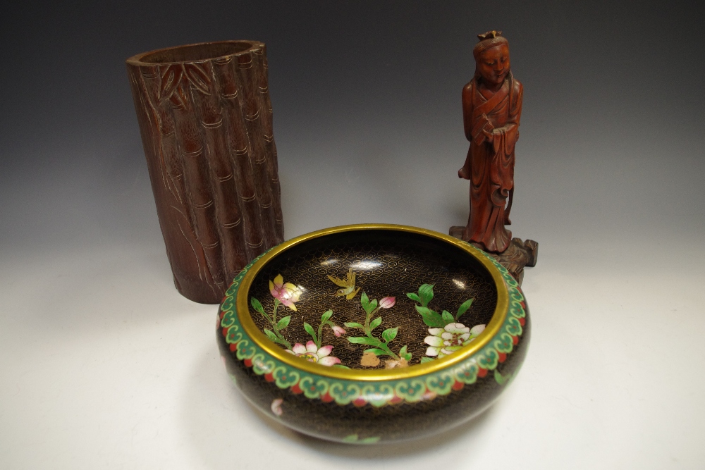 A Japanese cloisonne bowl, enamelled with peonies, 16cm diam, Meiji period; a bamboo brush pot,