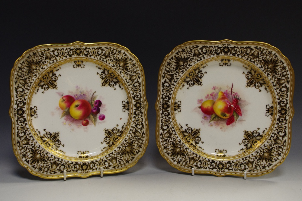 A pair of Royal Worcester shaped square side plates, pained by E Townsend, signed,