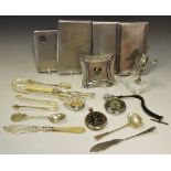 Chrome cigarette cases; a chrome pocket watch; another; a Spirit of Ecstasy; etc.