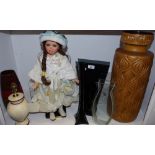A large West German vase; an Alberon doll boxed; other glass vases;
