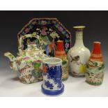A Chinese Famille Verte teapot and cover; 18cm high; a pair of Kutani bottle vases,