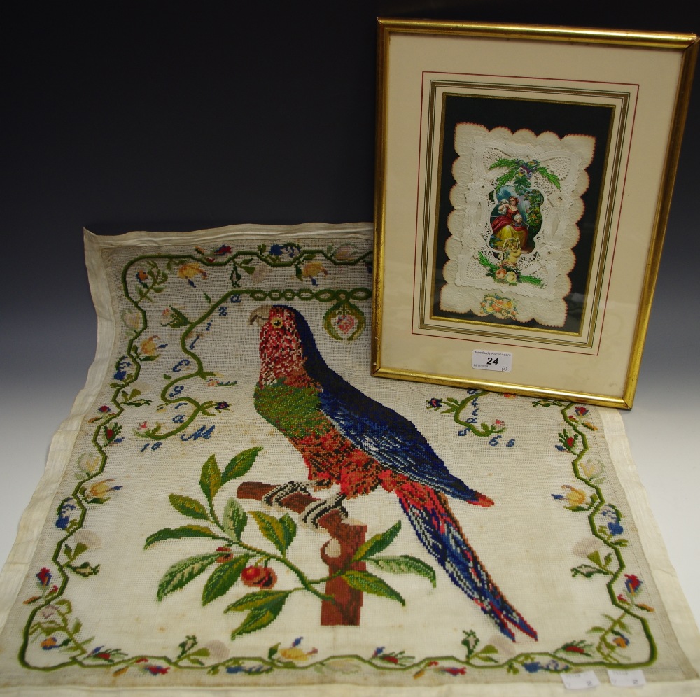 A Victorian needlework sampler, of a parrot, embroidered by Mary Elizabeth Hallas, 1865,