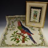 A Victorian needlework sampler, of a parrot, embroidered by Mary Elizabeth Hallas, 1865,