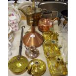 Copper and Brass - a copper kettle; a similar funnel: an electroplated copper chamber stick;
