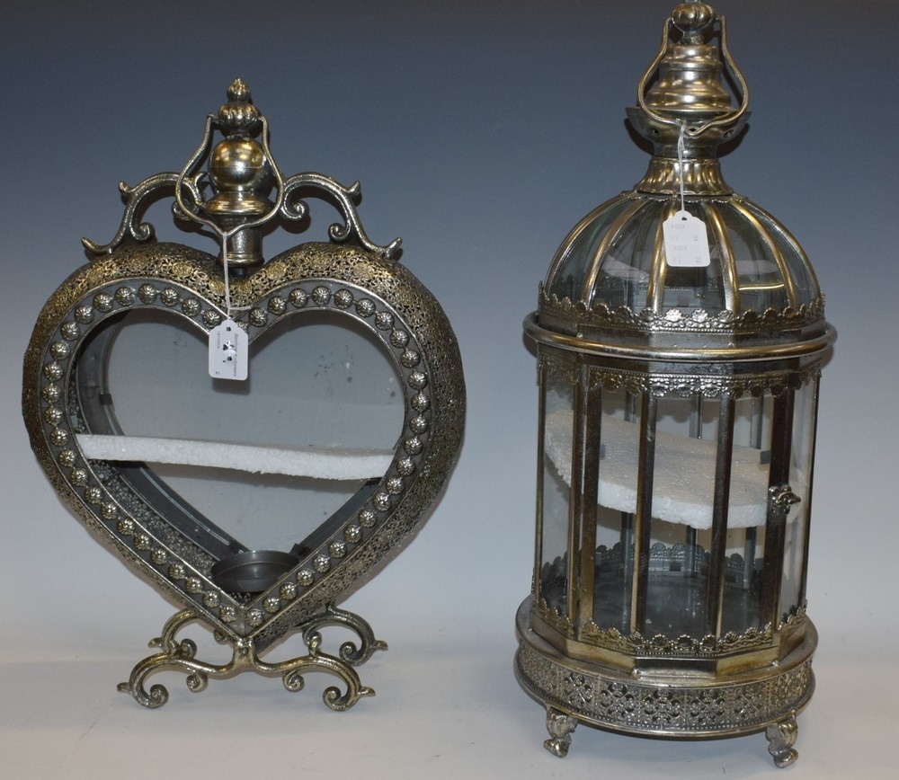 A decorative dome topped lantern, painted silver, 61cm high; another,