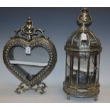 A decorative dome topped lantern, painted silver, 61cm high; another,