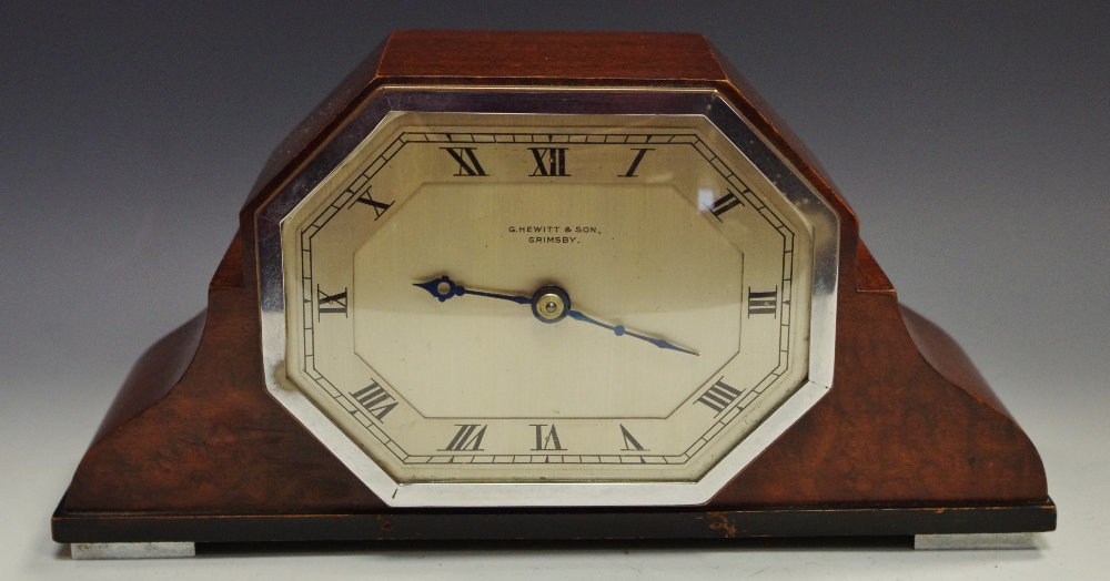 A mahogany mantel clock, octagonal dial, G. Hewitt and Son, Grimsby, 12.